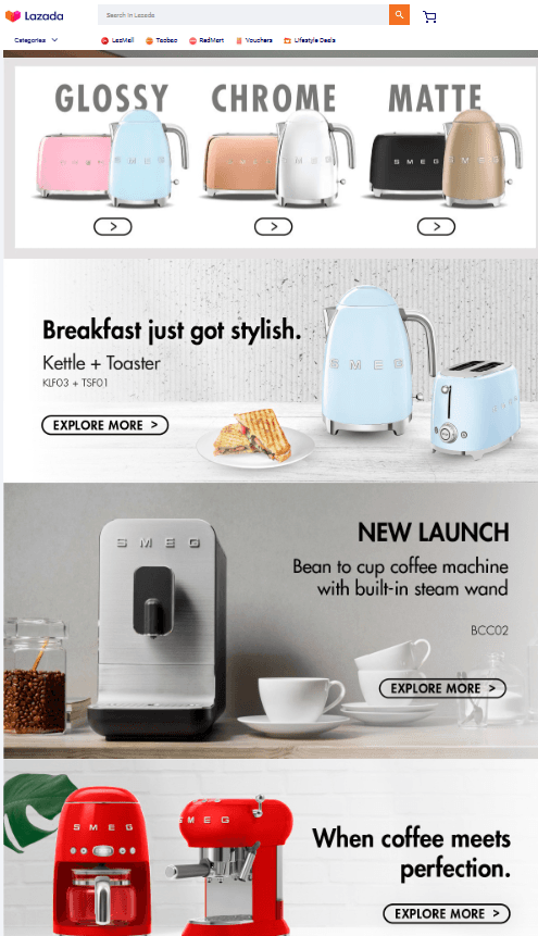 SMEG Lazada storefront featuring kettles, toasters and coffee machines