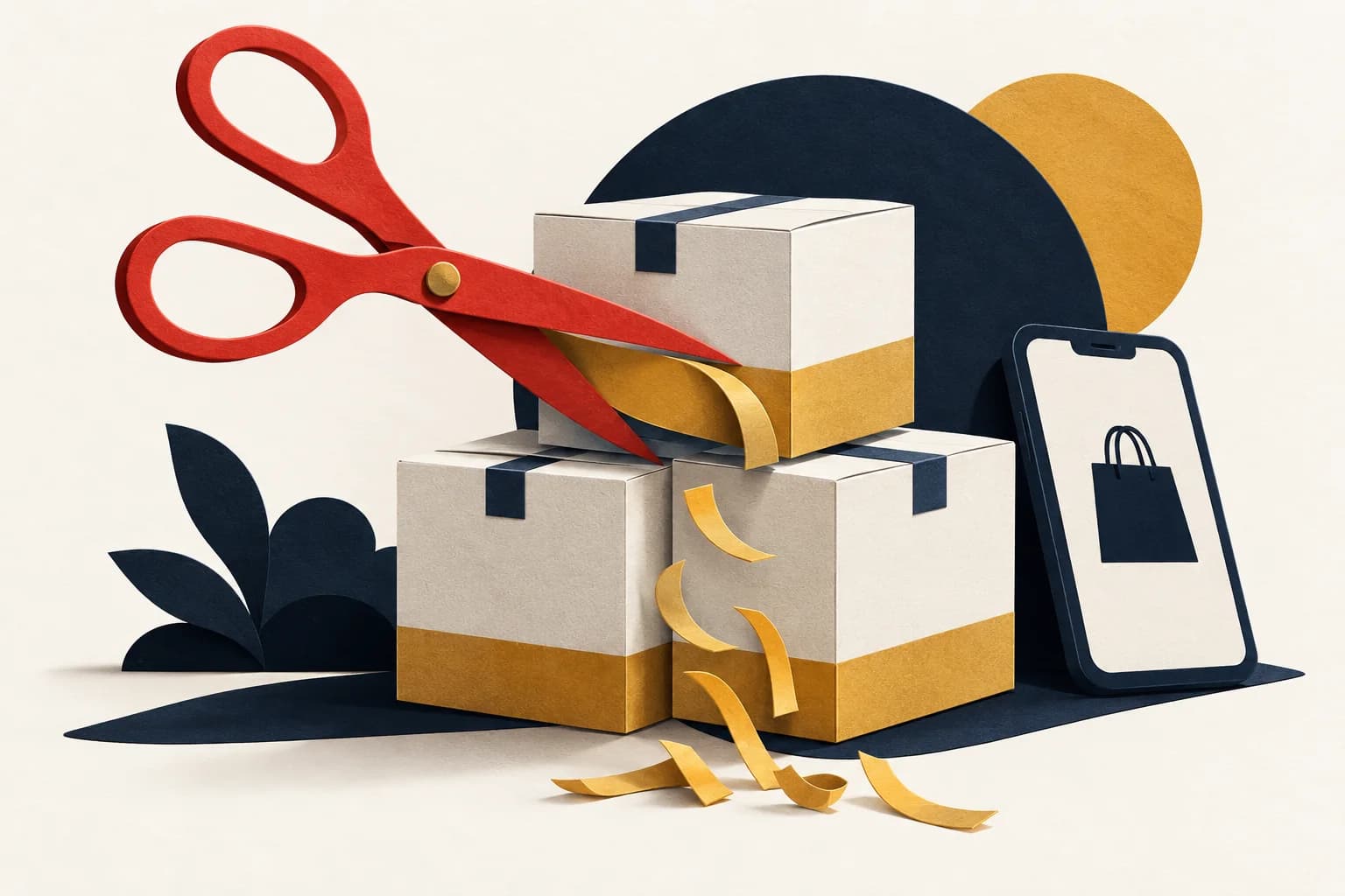Red scissors cutting gold margin strips from product boxes beside a shopping phone.