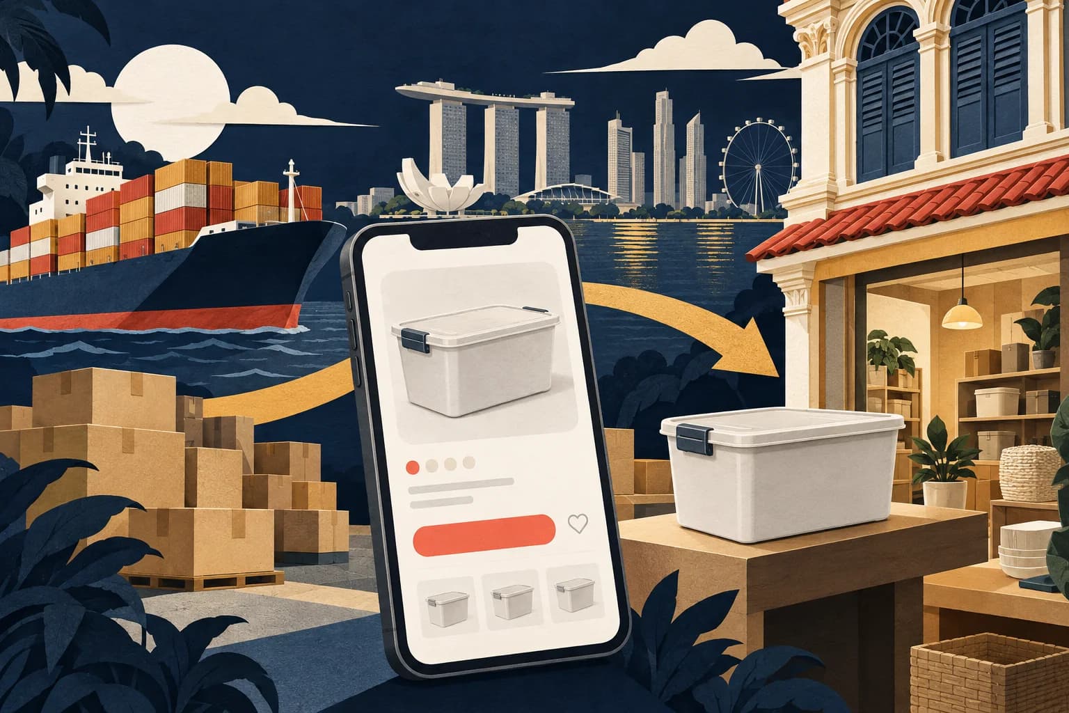 Paper-cut illustration of cross-border shopping, a container ship and a Singapore storefront.