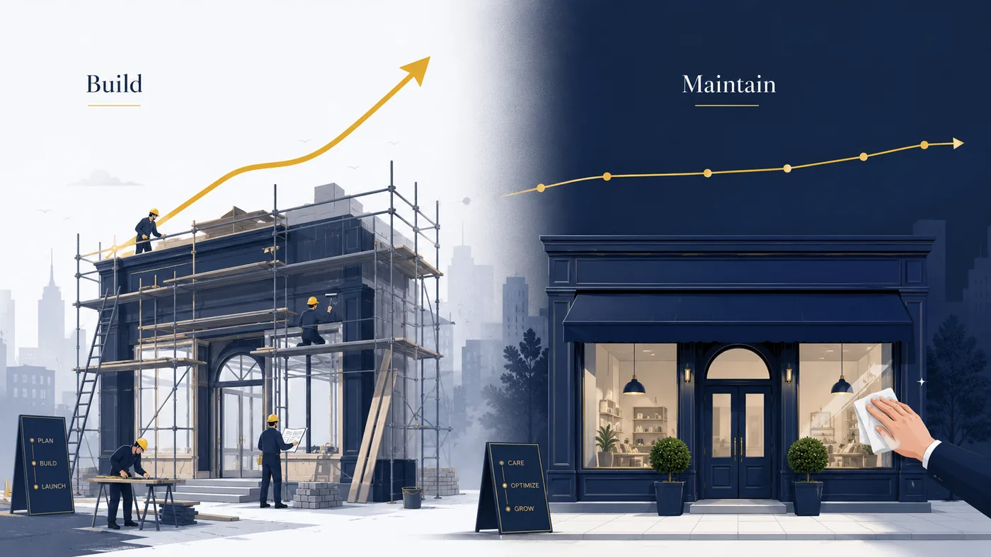Split illustration of the build phase versus the maintain-and-grow phase of an ecommerce store on Shopee and Lazada