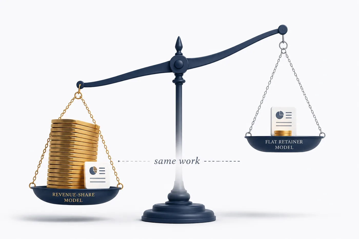A balance scale weighing a revenue-share enabler fee against a flat retainer for identical maintenance work, showing the maintenance tax gap